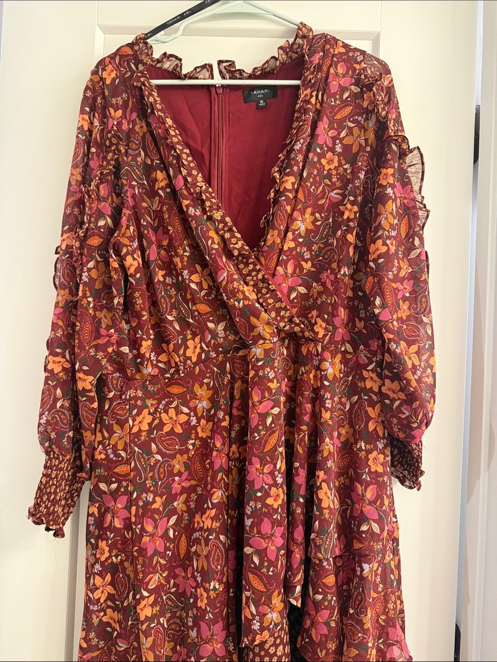 Tahari Maroon Floral Wrap Dress with Pink and Orange Accents